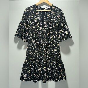 Mustard Seed V-neck Black with Floral Pattern Babydoll dress size medium